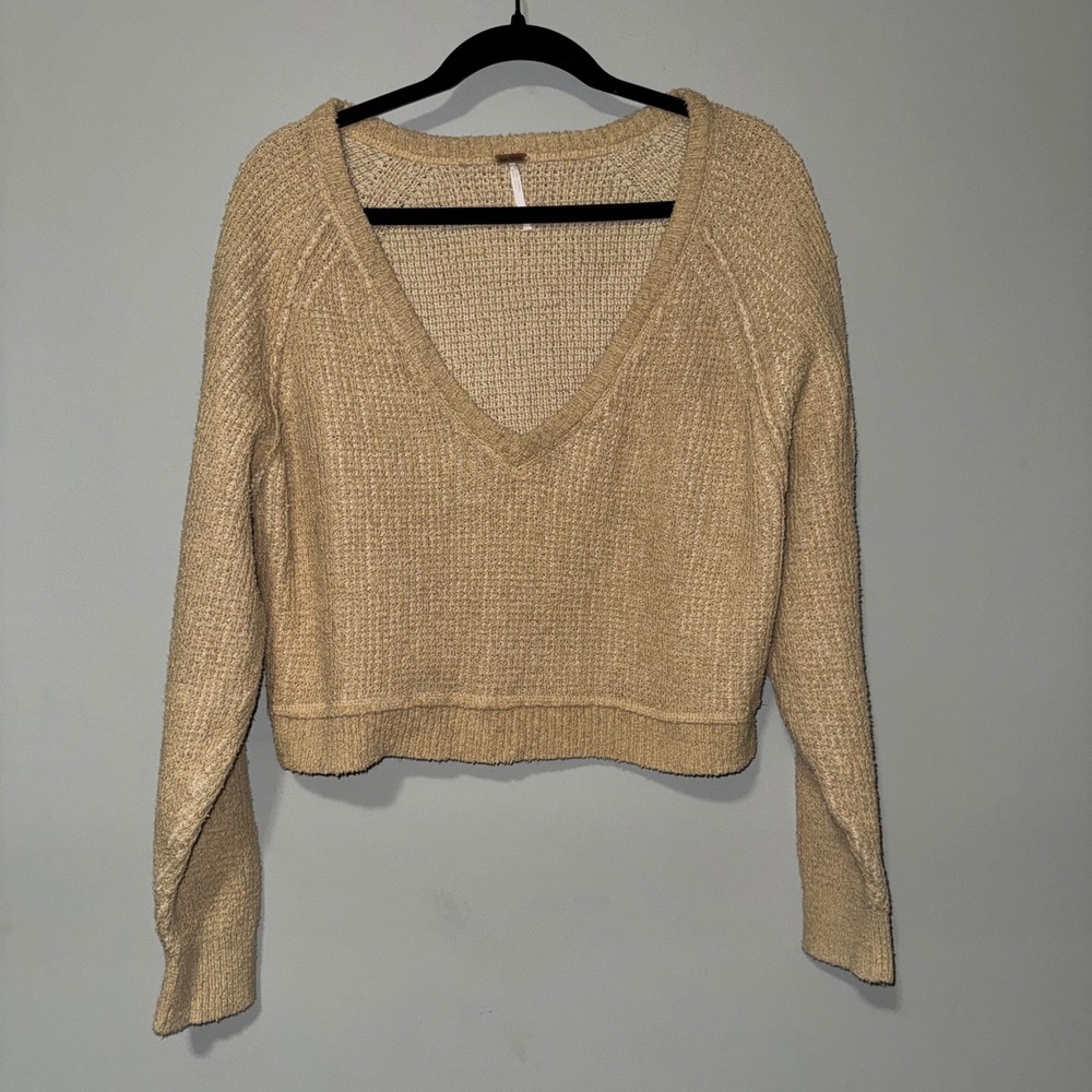 Free People Textured Knit V‎ Neck Cropped Sweater Tan Women Size Medium